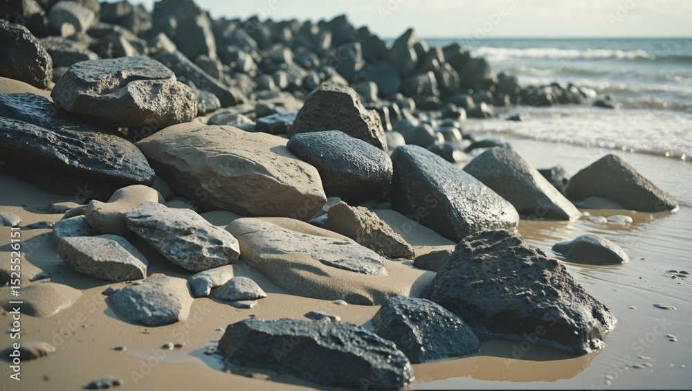 Fototapeta premium Rocks scattered on sandy beach near shoreline with waves and rocks in the background.
