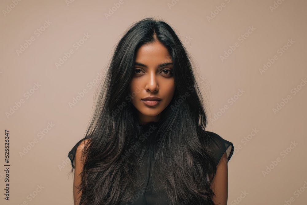 Elegant South Asian Woman in Minimalist Dress on Neutral Background Elegant South Asian Woman in Minimalist Dress on Neutral Background
