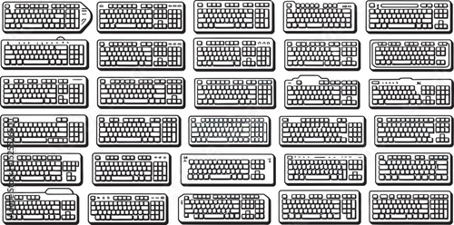 Collection of various computer keyboard outlines in a simple black and white illustration
