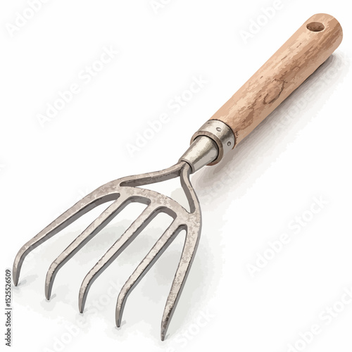 Studio shot of a hand rake with a wooden handle and metal tines for cultivating and loosening soil with copy space
