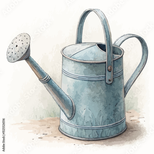 Watercolor painting of a vintage watering can in light blue-green for watering plants in a garden