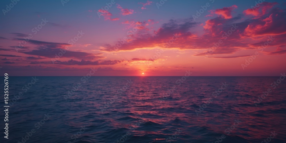 Fototapeta premium Sunset over the ocean with colorful sky and clouds. Natural scene of the sea and sky during evening. The calming horizon at dusk.