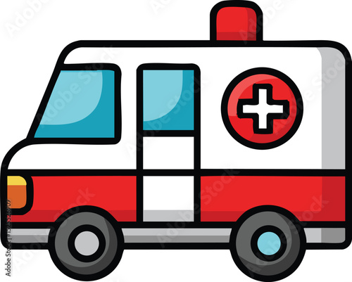 This vector illustration depicts an isolated red and white ambulance emergency medical rescue vehicle icon