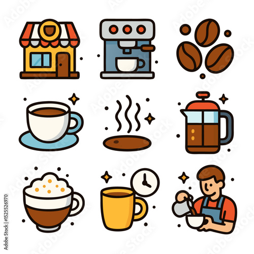 Coffee shop icons including a barista making coffee, perfect for showcasing the vibrant coffee culture and hospitality industry. 