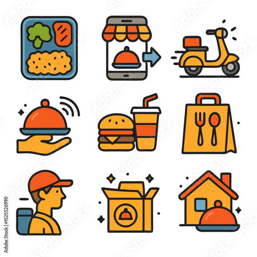Food delivery icons with food box and house symbols ideal for restaurant websites, apps, and food delivery services marketing materials.