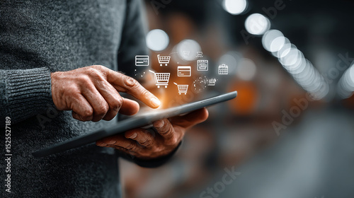 E-commerce: Businessman holding virtual interface panel of digital device on global networking, digital transactions, online shopping, payment systems, and e-commerce technology in futuristic.