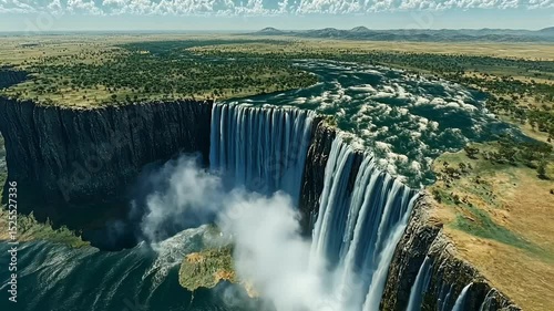 Giant waterfall plunging into vast savannah canyon
