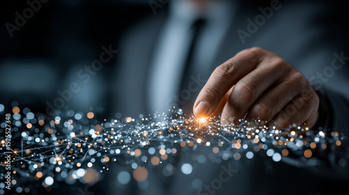 Investment: Businessman Touching Digital Global Network of Investment Data Exchange. Connectivity, Data Analysis on Social Network Connection with Hologram Modern Interface, Strategic Decision Making.