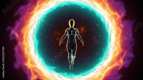 Time traveler crossing a cosmic dimension portal, glowing swirls, surreal colors, ultra HD