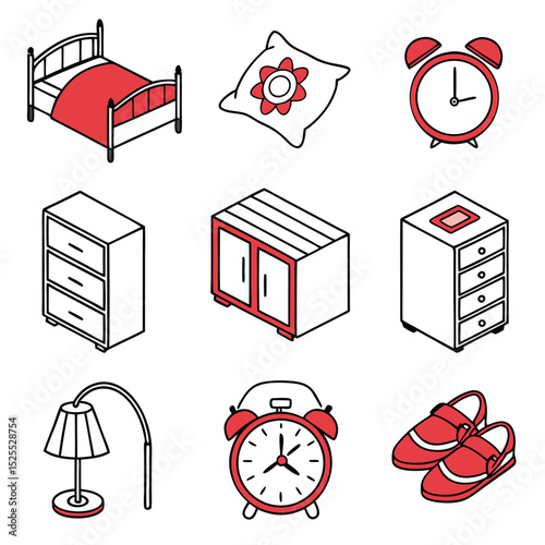 Isometric bedroom elements collection red and white design