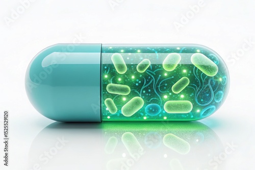 Probiotics for Gut and Body Health – Wellness Concept, A glowing probiotic capsule in a 3D illustration, showcasing its vibrant and appealing design.