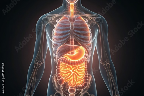 Probiotics for Gut and Body Health – Wellness Concept, 3D illustration of a transparent human torso depicting anatomy and internal organs for educational use.