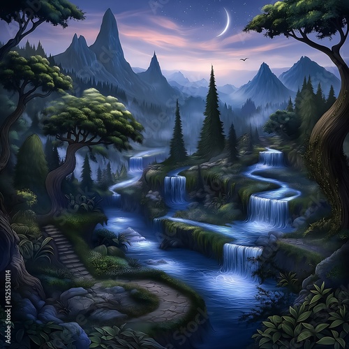  Enchanted Valley with Cascading Waterfalls and Moonlight Sky