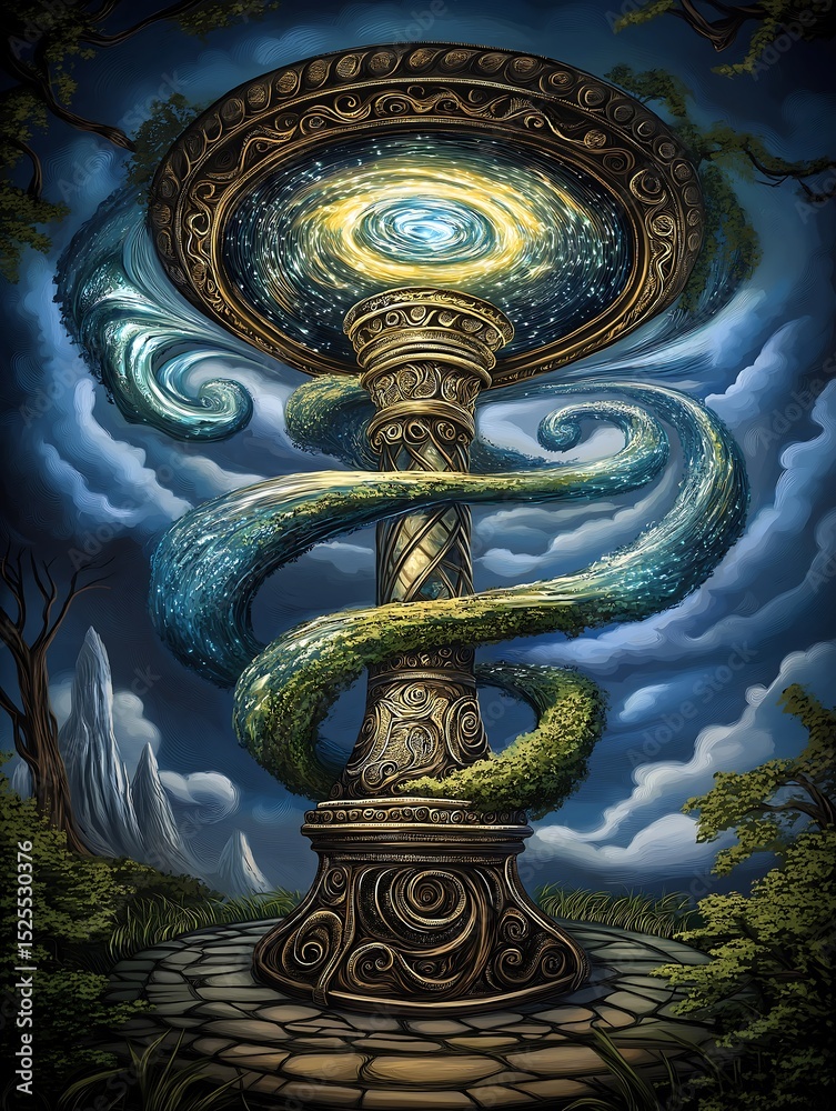 Naklejka premium Fantastical Ancient Device with Swirling Cosmic Energy and Nature Elements