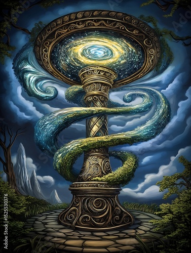 Fantastical Ancient Device with Swirling Cosmic Energy and Nature Elements