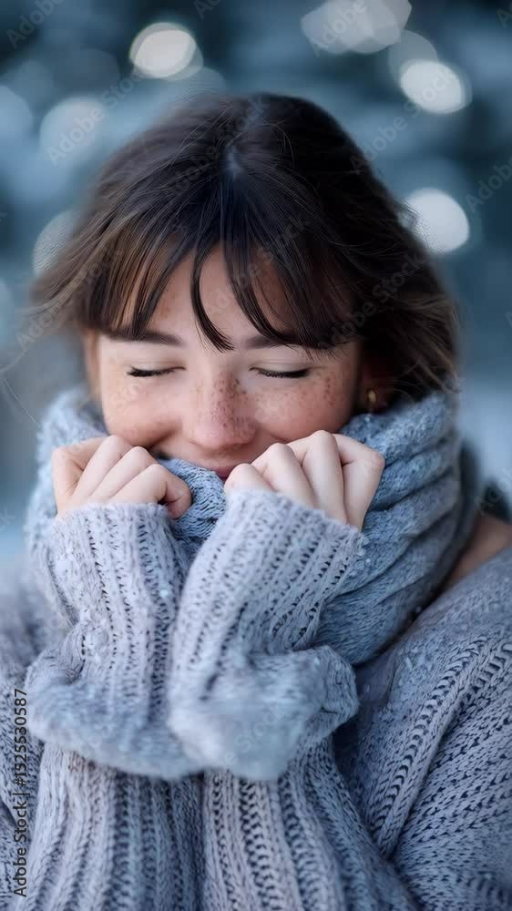 Tranquil young woman with freckles in gray wool sweater and scarf, closing her eyes to protect from the cold Tranquil young woman with freckles in gray wool sweater and scarf, closing her eyes to protect from the cold