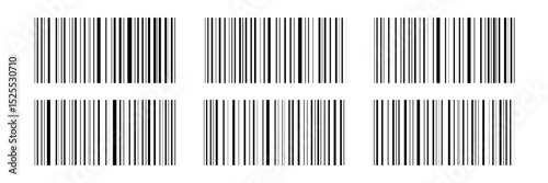 Set of six black barcodes arranged in two rows. Flat design template for retail, packaging, and inventory labeling purposes. Vector illustration