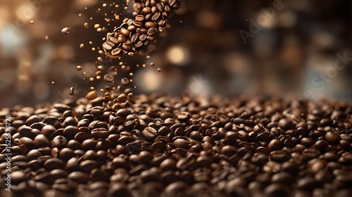 Coffee beans suspended in motion varying sizes abstract creative