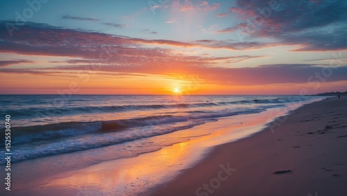 Sunset over the ocean with colorful sky and calm waves on a sandy beach. Coastal scene at dusk, tranquil seascape, and natural beauty.