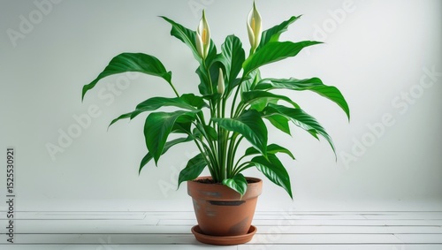 A potted plant with green leaves against a plain white background. photo