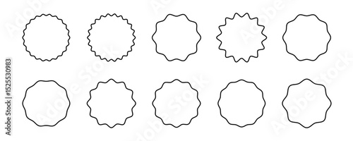 Set of ten round wavy frames with black contour. Decorative circular shapes for design and print. Minimalist outline template for creative layout and label elements. Vector illustration