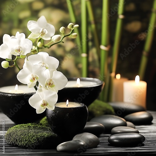 Zen Spa Still Life with White Orchids, Candles, and Hot Stones