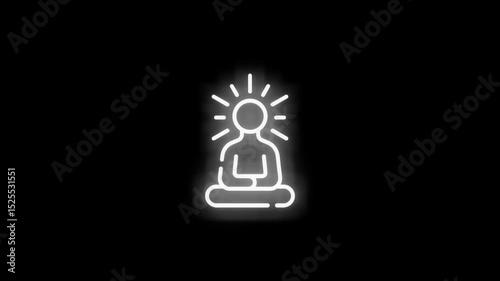 A glowing meditation icon on a black background, animated in a calming and serene digital art style. The icon features a person in a lotus pose or a symbolic representation like a lotus flower or man.