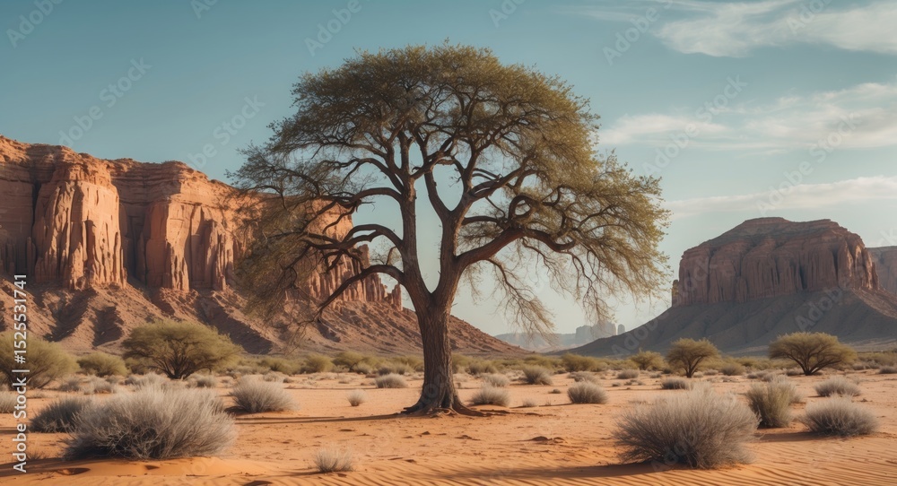 Fototapeta premium A lone tree in a desert landscape with rock formations and sparse vegetation under a partly cloudy sky.