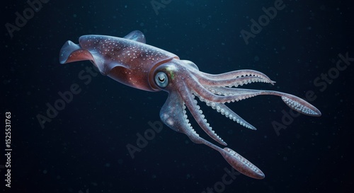Underwater squid cephalopod in dark blue ocean photo