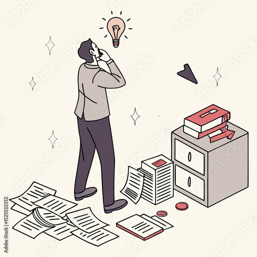 Problem solving, solution or strategic thinking, creativity to solve frustrated problem, contemplation on messy issue, opportunity discovery, businessman thinking with mess problem and lightbulb idea.