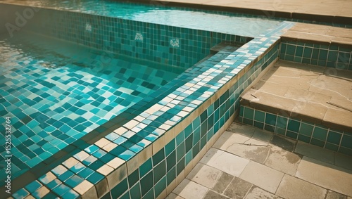 Image of a swimming pool with tiled edges and steps, showcasing a clean and inviting aquatic environment. photo
