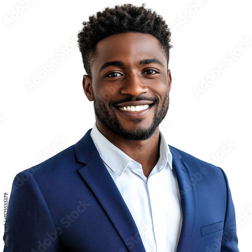 Happy smiling African American man in a blue suit isolated on white transparent background