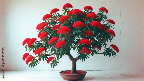 A potted plant with red flowers and green leaves, placed on a white surface against a plain wall. photo