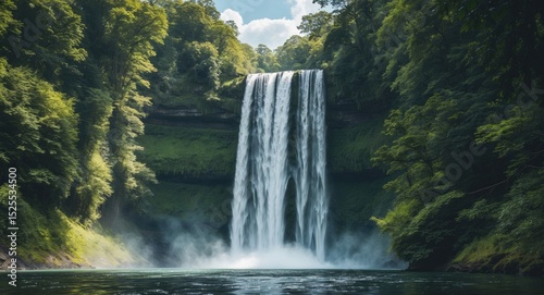 A waterfall surrounded by lush green trees over a river or lake.