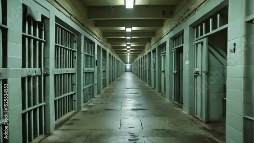 A long, empty corridor in a prison with barred cells and bright light at the end of the passage
 created with generative ai