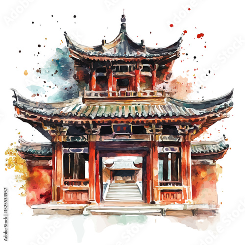 watercolor of Temples  Religious Structures, vector high quality, isolated on a white background.