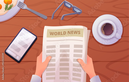 2505.m20.i406.n025.S.c15.Morning news. Top view for businessman hands holding newspaper pages exact vector business concept