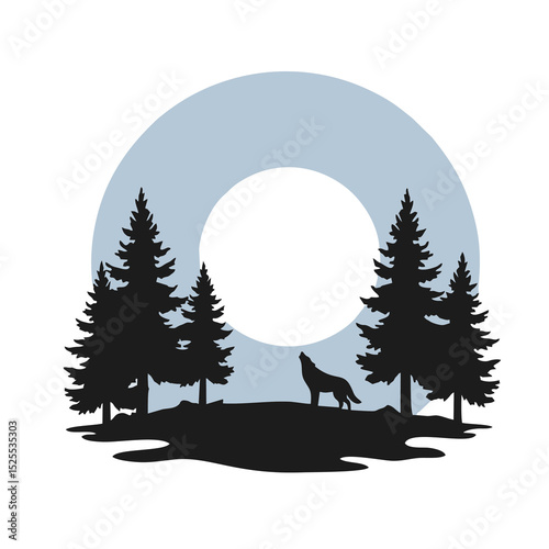 vector illustration of a forest with wolf silhouette