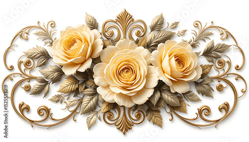 Elegant yellow roses with golden baroque swirls. Vintage floral design.
