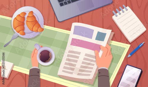 Newspaper. Business character holding morning newspaper exact vector top view illustration