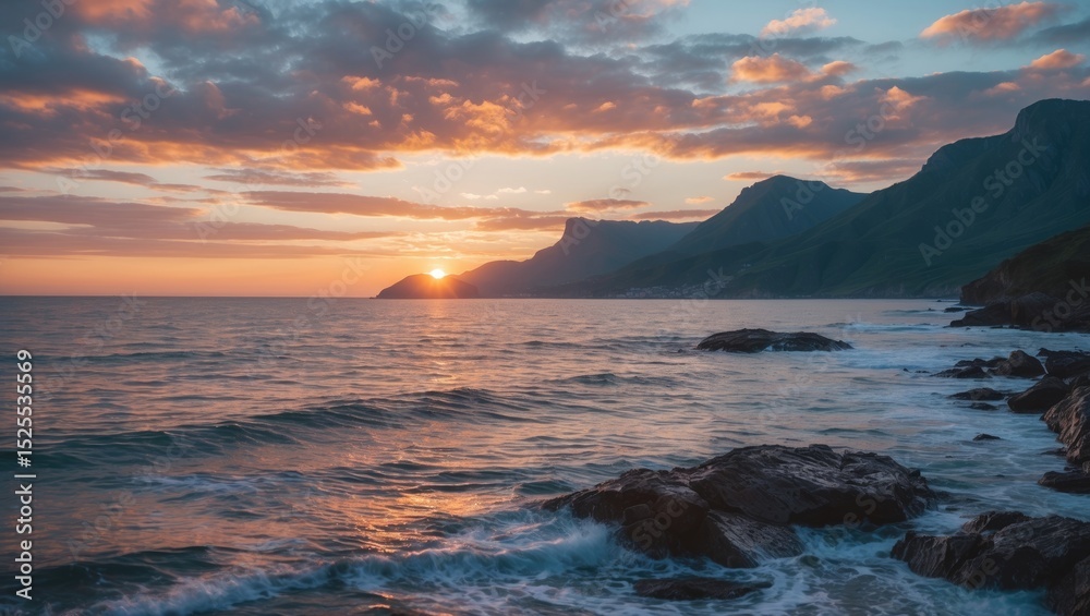 Obraz premium Sunset over the ocean with mountains in the background during evening. Coastal scene, nature, calming view.