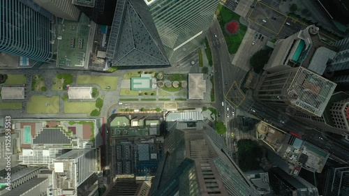 sunny day singapore city downtown center topdown traffic street view aerial panorama 4k 