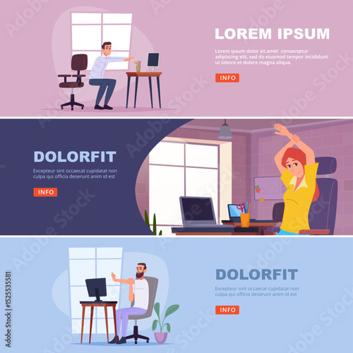 Office yoga. busy freelancers or managers making stretching yoga in office. vector banners