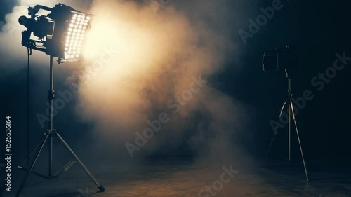 Film studio setup with lighting and camera equipment
