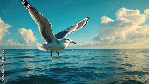A seagull flying over the ocean with a partly cloudy sky. Nature and wildlife, marine environment, and bird in flight.