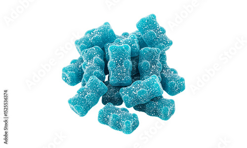 A tempting pile of blue raspberry gummy bears shimmering with a sweet sugary coating on a dark