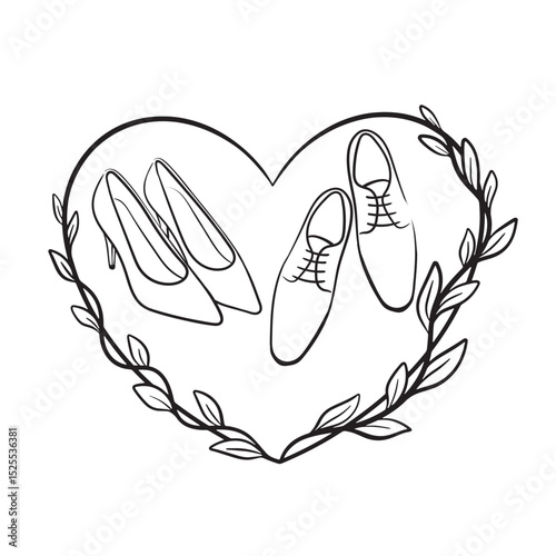 heart-shaped frame wedding illustration featuring a pair of women's high heels and men's dress shoes, framed with leafy branches. A symbolic black-and-white design perfect for romantic or bridal theme