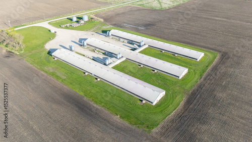 Aerial view above a confined animal operation hog building