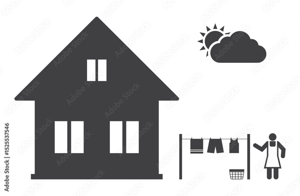 Woman with laundry dress clothes near house icon
