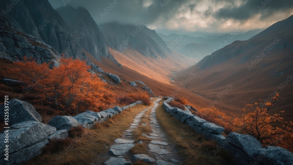 Fototapeta premium A mountain valley with rugged terrain, autumn trees, and a dirt path flanked by rocks, leading toward distant mountains under cloudy skies.